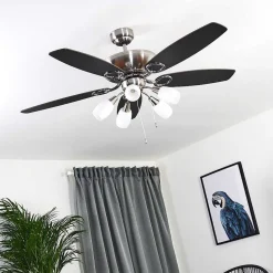 Ventilateur De Plafond Irving Chrome, Gris, Bois Clair, 5 Lumieres