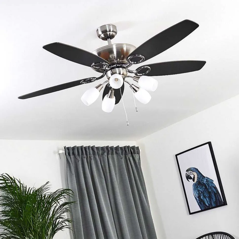 Ventilateur De Plafond Irving Chrome, Gris, Bois Clair, 5 Lumieres