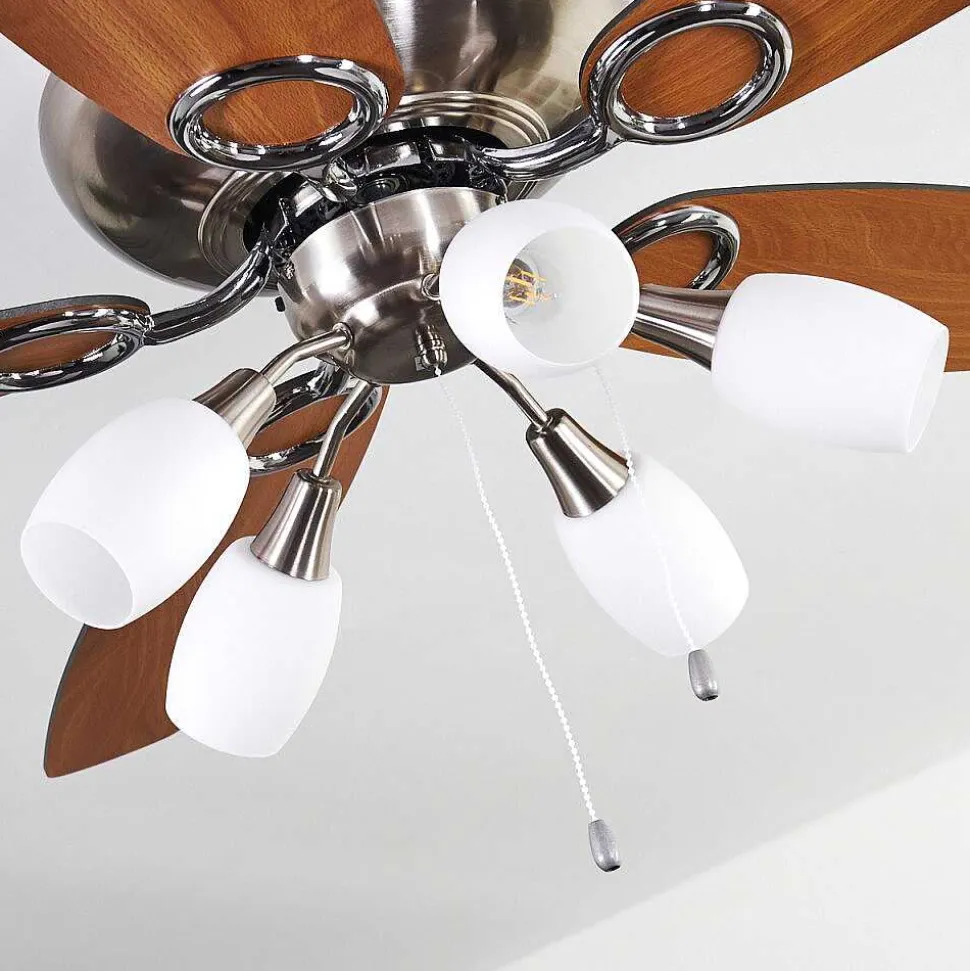 Ventilateur De Plafond Irving Chrome, Gris, Bois Clair, 5 Lumieres