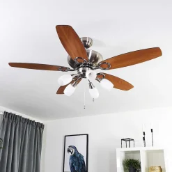 Ventilateur De Plafond Irving Chrome, Gris, Bois Clair, 5 Lumieres