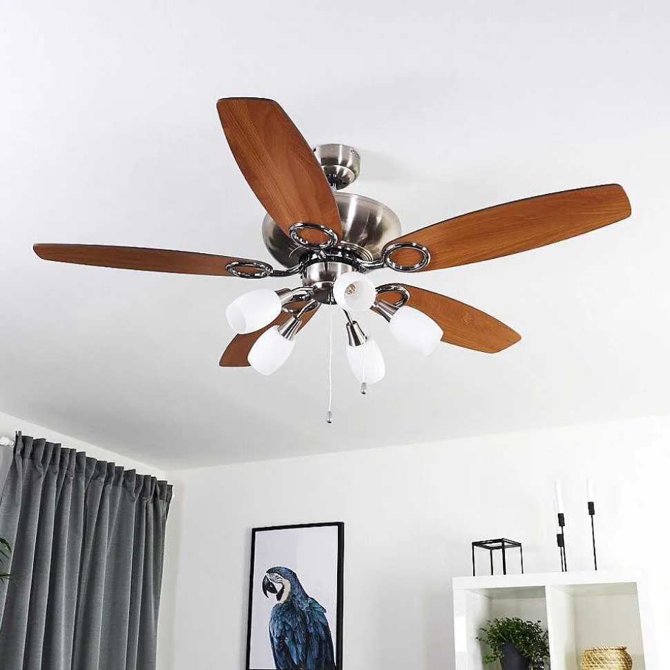 Ventilateur De Plafond Irving Chrome, Gris, Bois Clair, 5 Lumieres