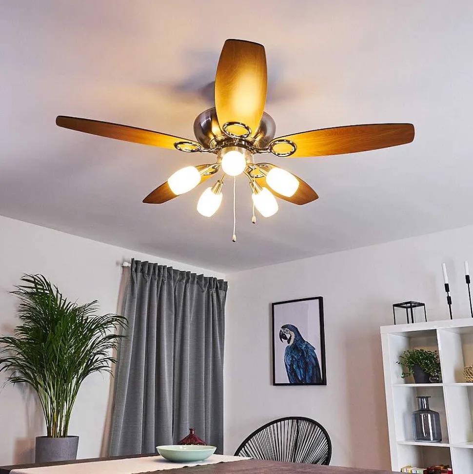 Ventilateur De Plafond Irving Chrome, Gris, Bois Clair, 5 Lumieres