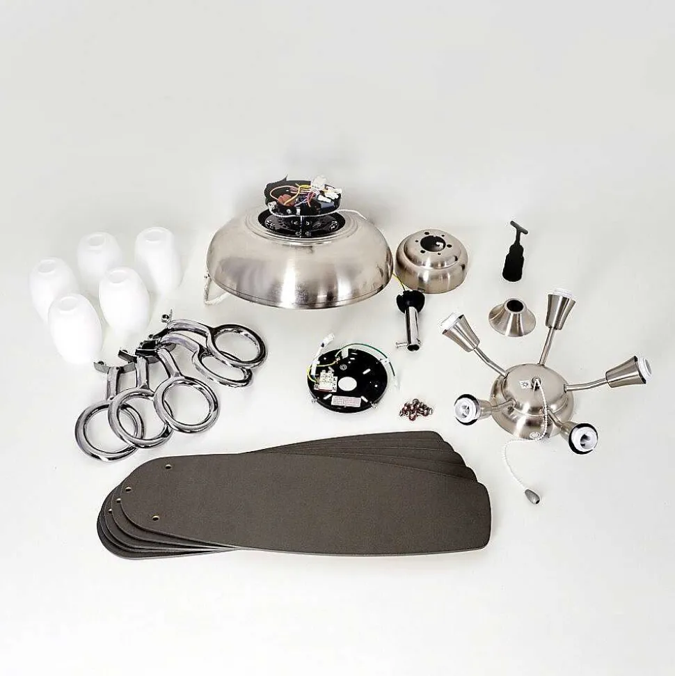 Ventilateur De Plafond Irving Chrome, Gris, Bois Clair, 5 Lumieres