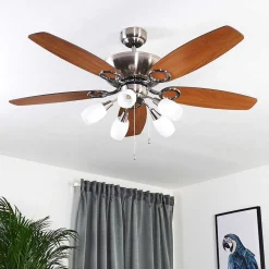 Ventilateur De Plafond Irving Chrome, Gris, Bois Clair, 5 Lumieres