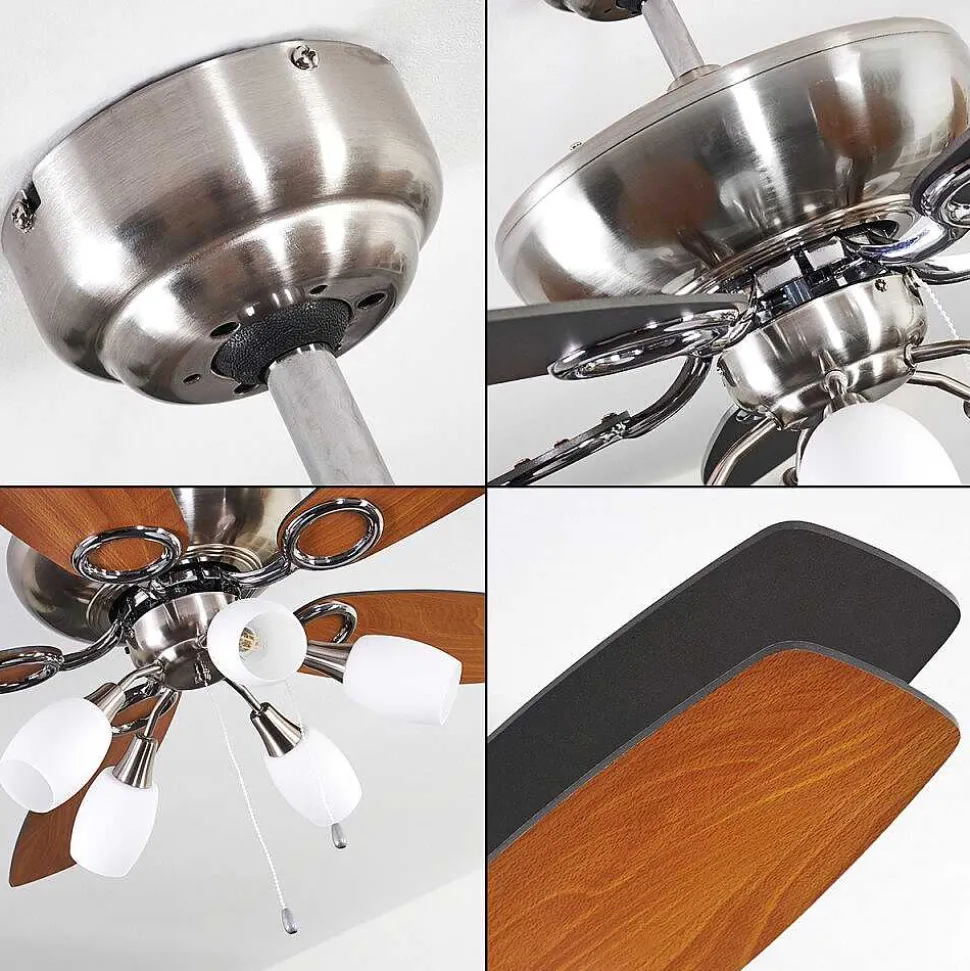 Ventilateur De Plafond Irving Chrome, Gris, Bois Clair, 5 Lumieres