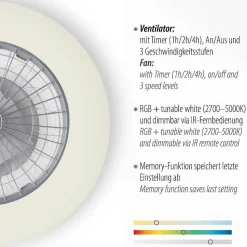 Ventilateur De Plafond Leuchten-Direkt Patrick Led Argente, 1 Lumiere, Telecommandes, Changeur De Couleurs