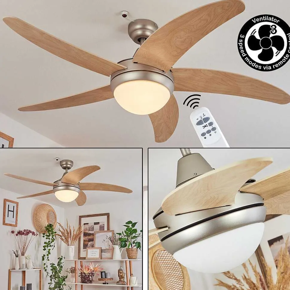 Ventilateur De Plafond Morino Ecru, Nickel Mat, 2 Lumieres, Telecommandes