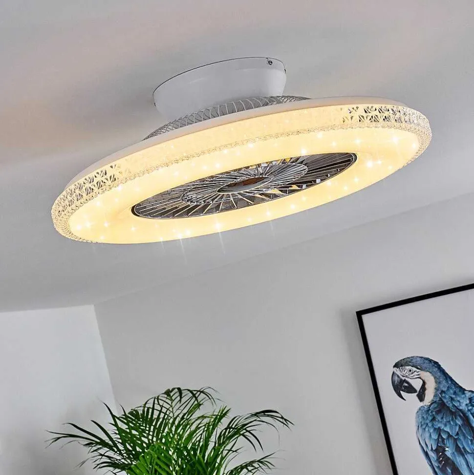 Ventilateur De Plafond Piacenza Led Chrome, Blanc, 1 Lumiere, Telecommandes