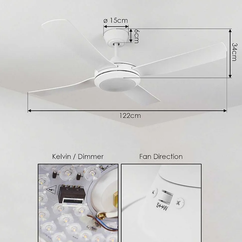Ventilateur De Plafond Tjerne Led Blanc, 1 Lumiere, Telecommandes