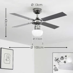 Ventilateur De Plafond Valletta Chrome, Argente, Blanc, 1 Lumiere