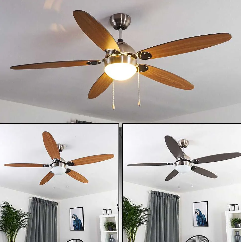 Ventilateur De Plafond Valeria Chrome, Bois Clair, Nickel Mat, 1 Lumiere