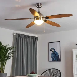 Ventilateur De Plafond Valeria Chrome, Bois Clair, Nickel Mat, 1 Lumiere