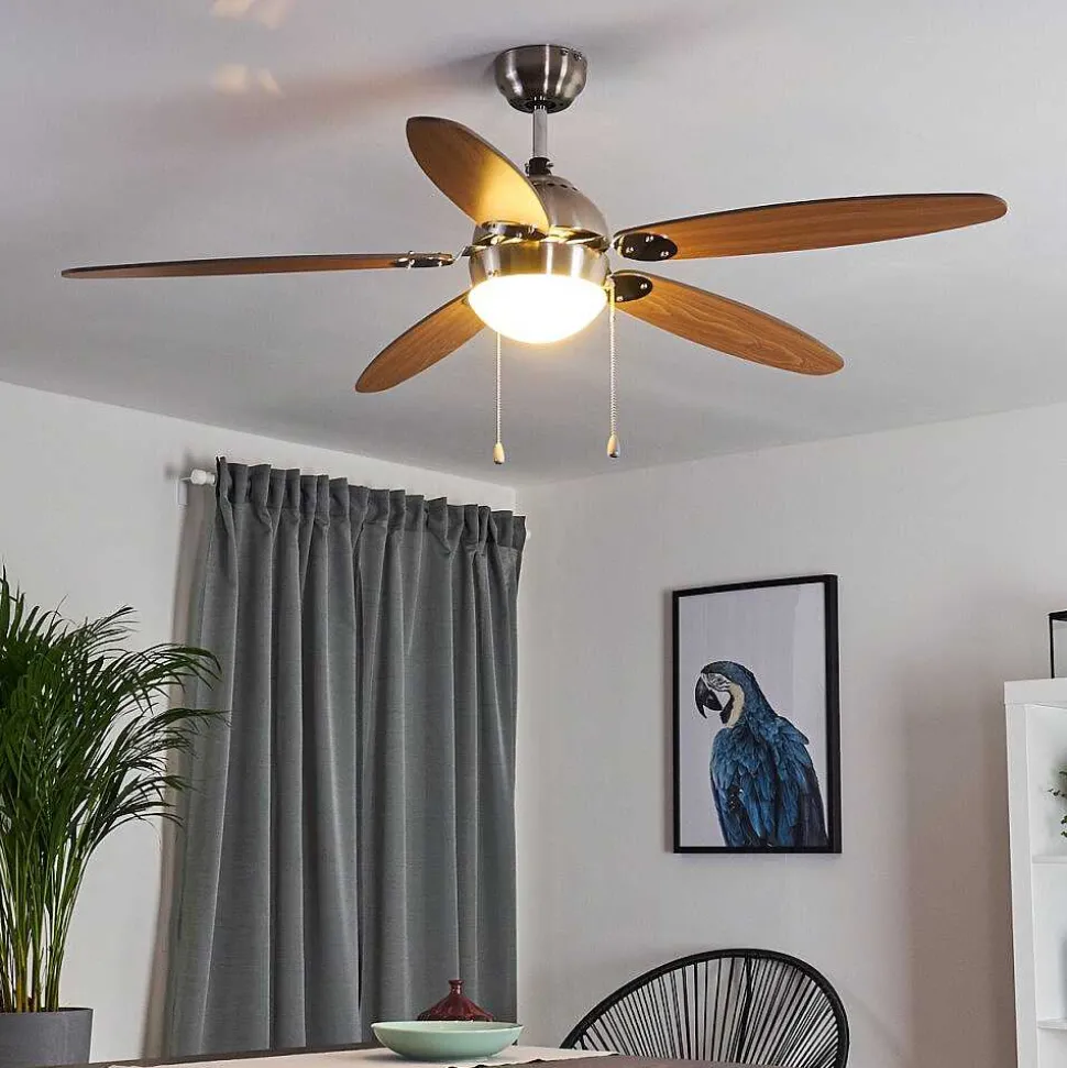 Ventilateur De Plafond Valeria Chrome, Bois Clair, Nickel Mat, 1 Lumiere