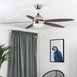 Ventilateur De Plafond Valeria Chrome, Bois Clair, Nickel Mat, 1 Lumiere