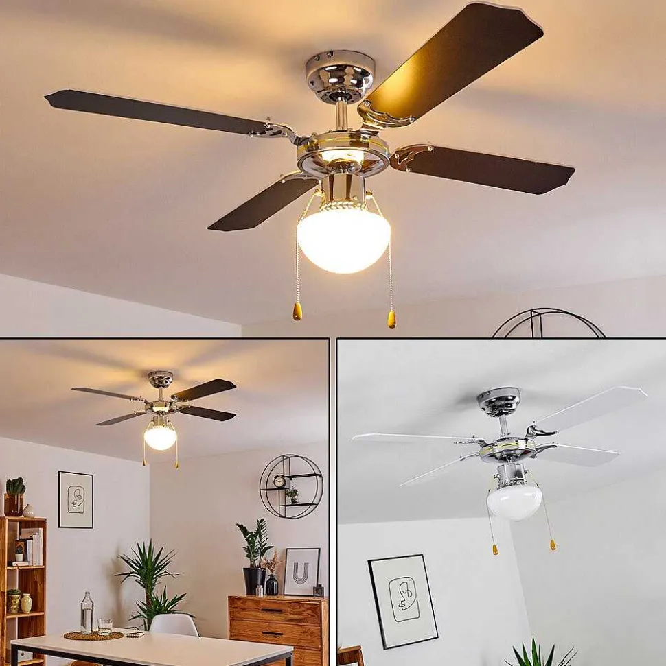 Ventilateur De Plafond Valletta Chrome, Noir, Blanc, 1 Lumiere