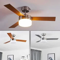 Ventilateur De Plafond Vevey Bois Clair, Nickel Mat, Argente, 2 Lumieres, Telecommandes