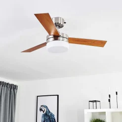 Ventilateur De Plafond Vevey Bois Clair, Nickel Mat, Argente, 2 Lumieres, Telecommandes