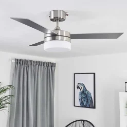 Ventilateur De Plafond Vevey Bois Clair, Nickel Mat, Argente, 2 Lumieres, Telecommandes