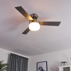 Ventilateur De Plafond Vevey Bois Clair, Nickel Mat, Argente, 2 Lumieres, Telecommandes