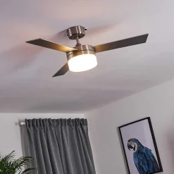 Ventilateur De Plafond Vevey Bois Clair, Nickel Mat, Argente, 2 Lumieres, Telecommandes