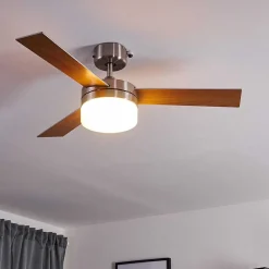 Ventilateur De Plafond Vevey Bois Clair, Nickel Mat, Argente, 2 Lumieres, Telecommandes