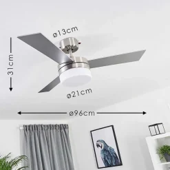 Ventilateur De Plafond Vevey Bois Clair, Nickel Mat, Argente, 2 Lumieres, Telecommandes