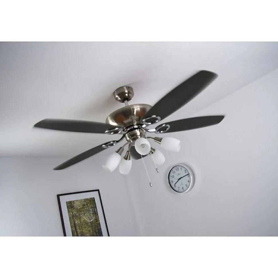Ventilateur Globo Jerry Chrome, Acier Inoxydable, Nickel Mat, 5 Lumieres