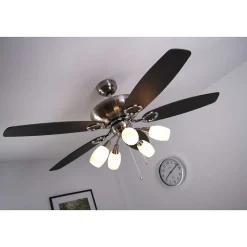 Ventilateur Globo Jerry Chrome, Acier Inoxydable, Nickel Mat, 5 Lumieres