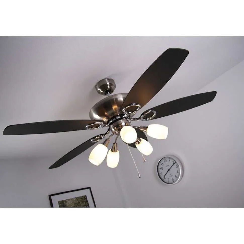 Ventilateur Globo Jerry Chrome, Acier Inoxydable, Nickel Mat, 5 Lumieres